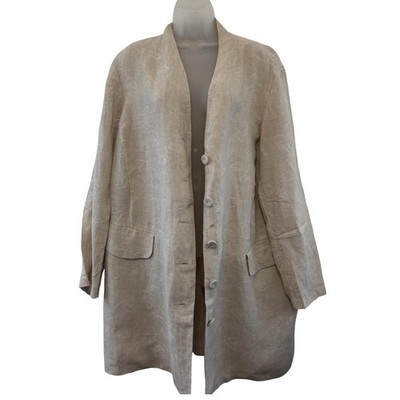 Eileen Fisher Light Coat Womens 2X Beige 100% Linen Jacquard Button Front Duster