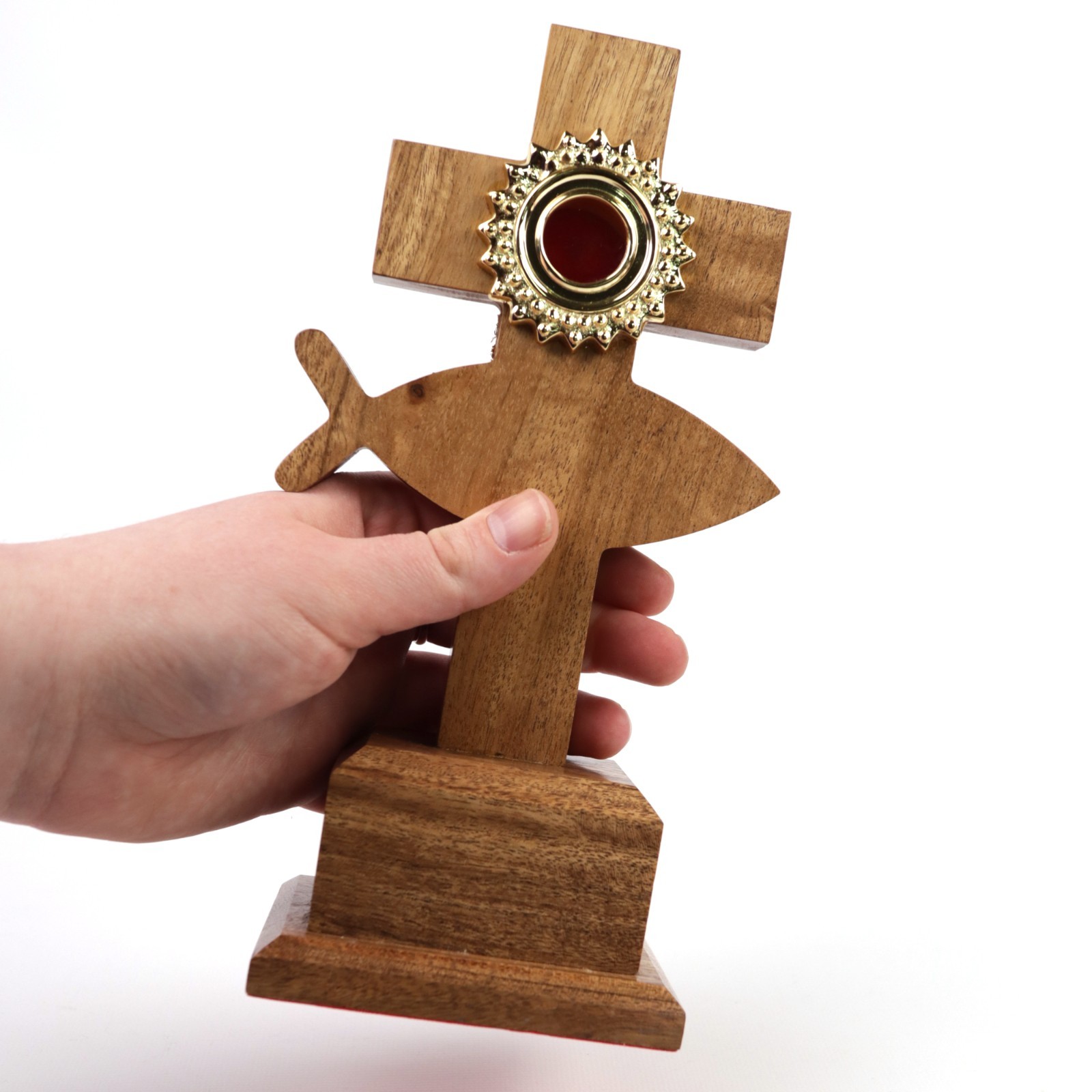 Jesus Fish Ichthys Wooden Cross Monstrance with Gold Plated Brass Relic Holder