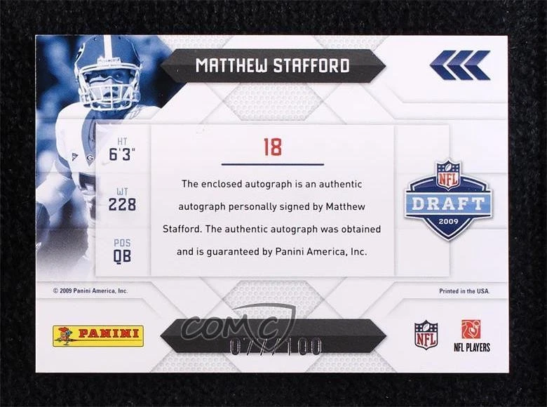 2009 Playoff Prestige NFL Draft Class Matthew Stafford RPA Rookie Patch Auto RC - Image 2 of 2