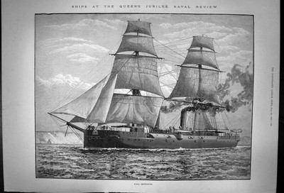Antiker alter Druck Schiffe bei Königinnen Jubiläum Marine Rezension Hms Imperieuse 1887 19.