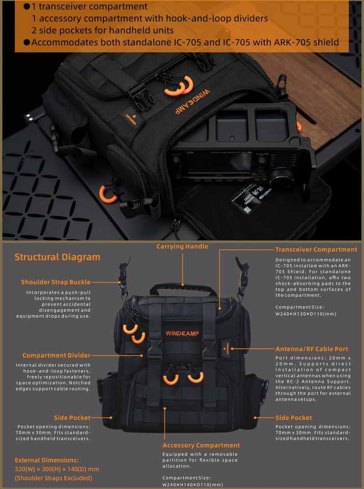 WINDCAMP ICOM IC-705 Field Pack Tactical Radio Umhängetasche - Wasserabweisende Feldpackung mit verstellbarem gepolstertem Fach, Handtasche Crossbody Bag für Schinkenradio Outdoor Operationen
