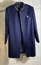 Custom Tailored Men's Navy Blue Jacquard Sherwani Gold Beaded Trim Sz 5
