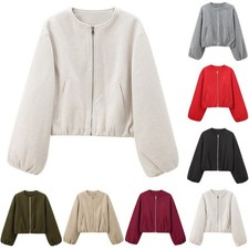 Women's Cropped Jacket with Zipper - Solid Color Soft Polyester Spandex Coat