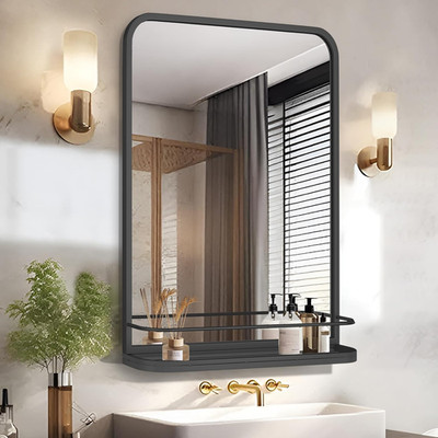 Sleek Matte Black Wall-Mounted Bathroom Mirror with Shelf, 15.7x23.6 Inch