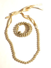 Vintage Pearl.Coil Bracelet + Satin Ribbon Tie Mecklace
