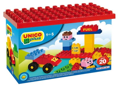 Unico -Tankstelle -Rennauto Set mit Gebäudeplatte, 20Teile NEU OVP
