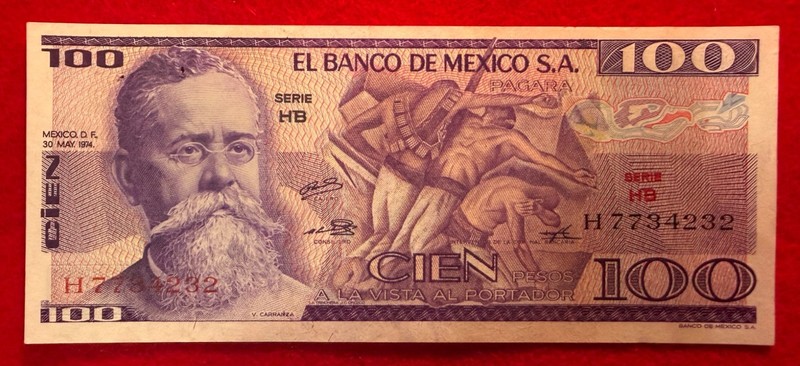 1974 Mexico 100 Pesos Carranza bill Paper Bank Money SERIE HB PREFIX H 7734232