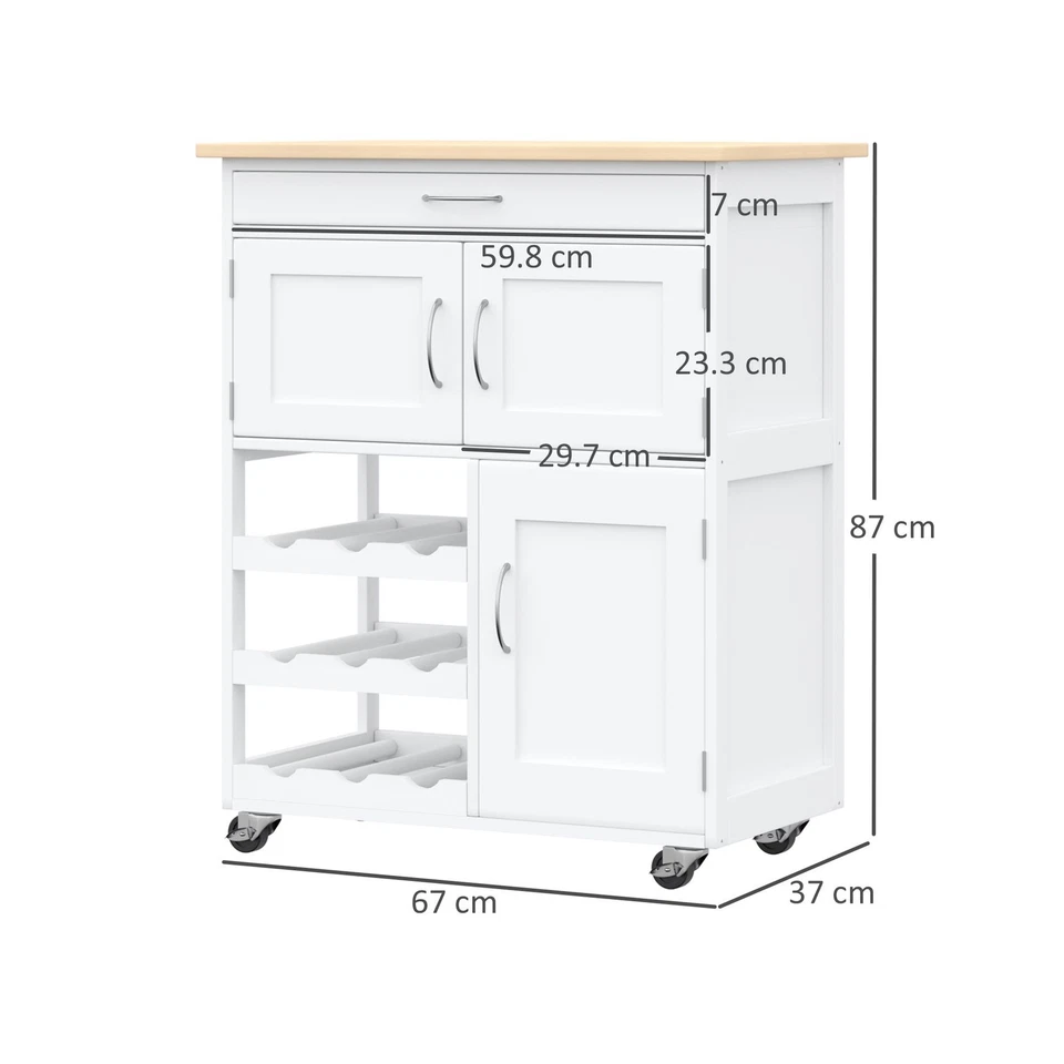 HOMCOM Rolling Kitchen Island Trolley Storage Cart w/ Rubberwood Top, White - Image 3 of 4
