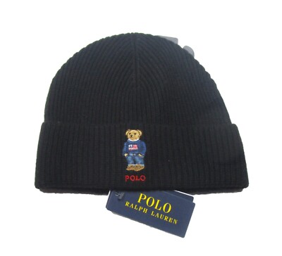 Polo Ralph Lauren Men's Black Flag Polo Bear Wool Blend Ribbed Cuff Beanie 