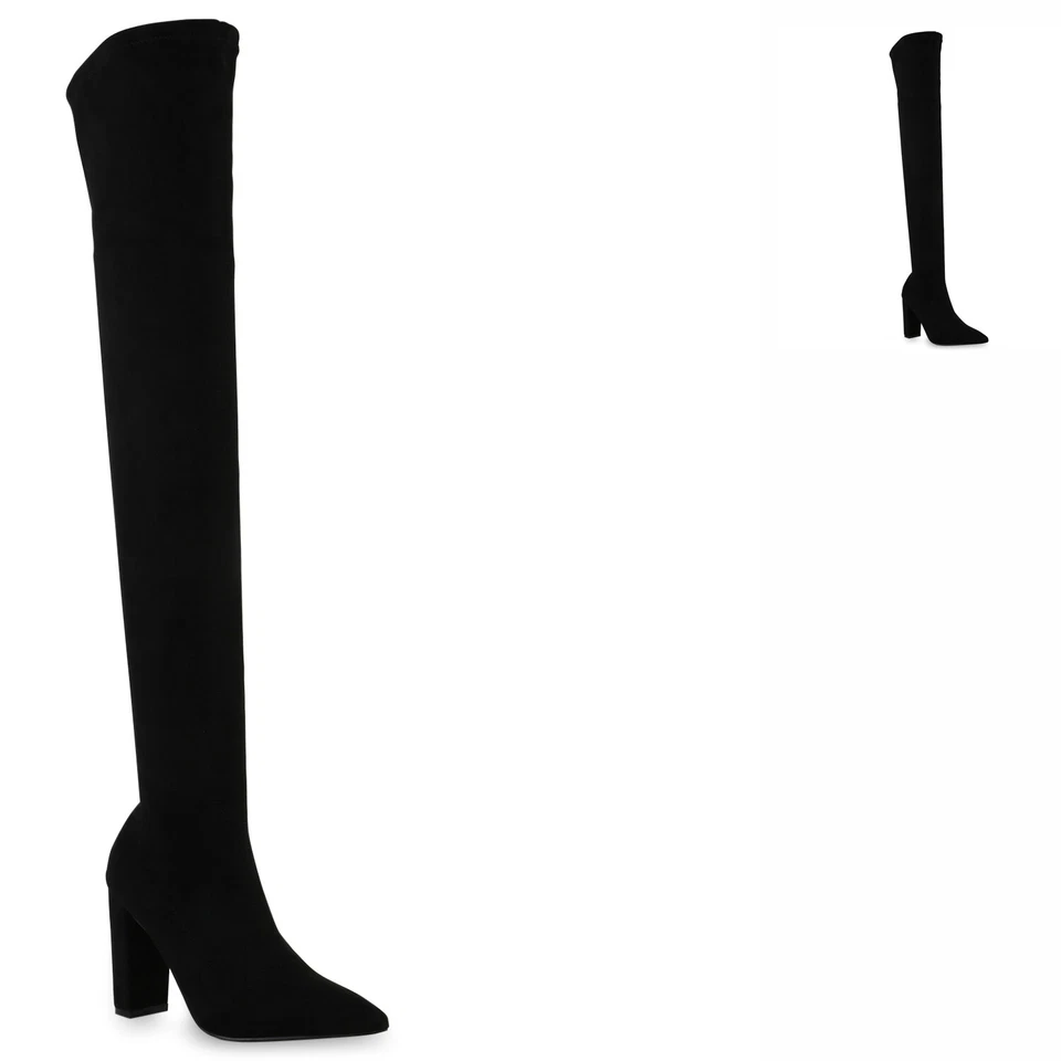 MARKENLOS Damen Stiefel Overknees Blockabsatz Spitze Basic Schuhe 839713 Trendy Neu