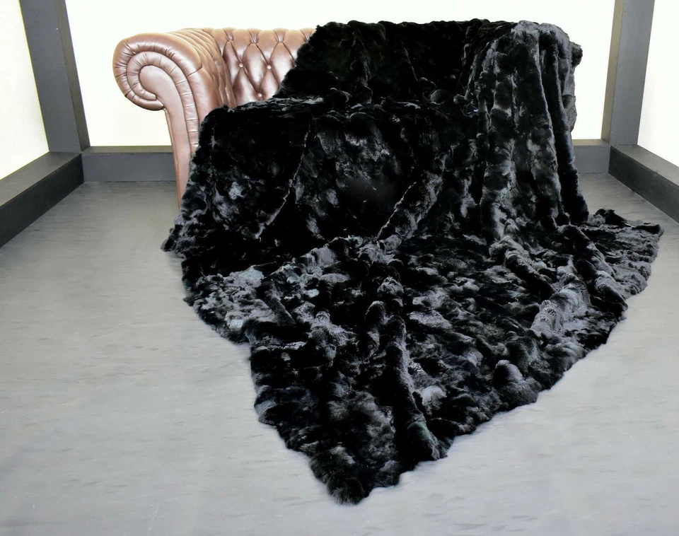 Luxury Soft Real Rex Rabbit Fur Throw Blanket Warm Sofa Bedspread Queen 79x55'' - Image 2 of 4
