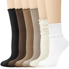 6 Pairs Womens Ruffle Socks Soft Cute Frilly Turn-Cuff Long Socks Casual Knit...