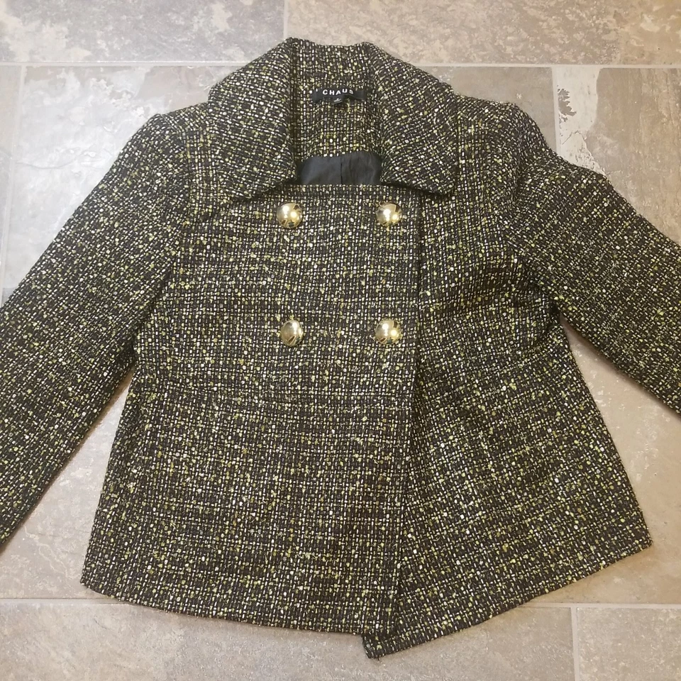 Blazer Chaus Mujer Tweed Botón Frontal Talla 8 - Preppy Business - Marrón Dorado Foto 2 de 4