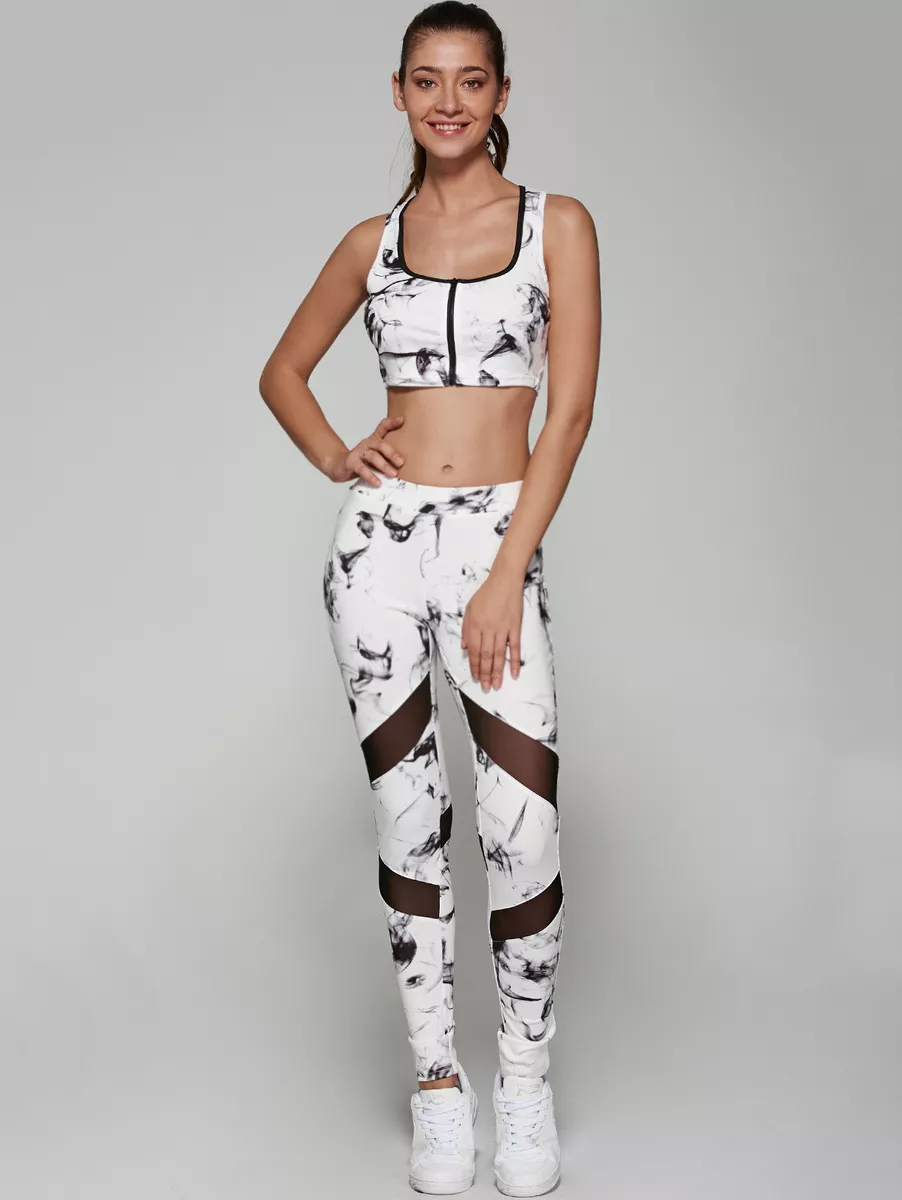 White Marble Yoga Gym Set W/ Zip Up Sports Bra and Fitted Leggings