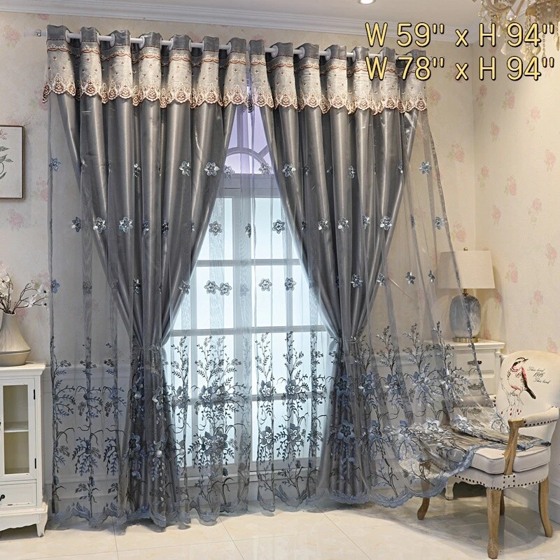 1 Panel Double Layer Blackout Curtain Floral Embroidered Window Tulle Drape Home - Image 3 of 4