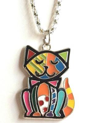 Multicolor Kitty Cat Necklace Pop Art Pendant 22'' Patchwork Kitten Silver Plated