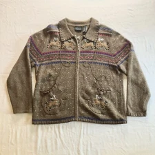 Rebecca Malone Christmas Sweater Brown Reindeer Mittens Zip Up Large *ISSUE READ
