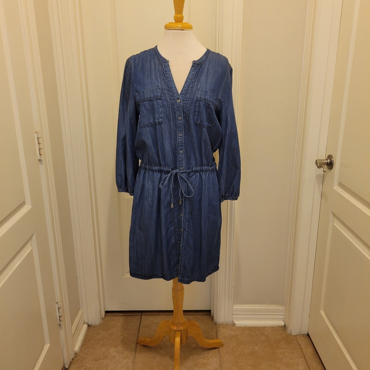 denim dress with drawstring waist Single Breasted Drawstring Waist Denim Dress