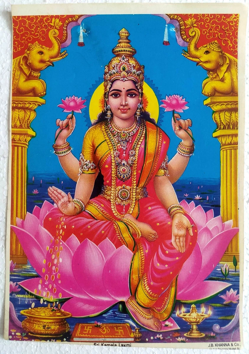 Hindu Religious Rare Unique Poster Mata Lakshmi Shri Kamala.