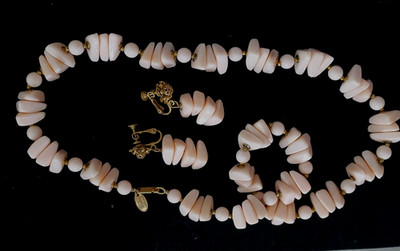 Signed Miriam Haskell Peach Chunky Necklace Earring Set Vintage 1950s Demi