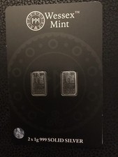 Wessex Mint 2 x 1gram Britannia Fine Silver .999 Bars Sealed In Blister..