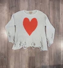 Wildfox White Red Knit Pullover Sweater Heart Graphic Distressed Women M