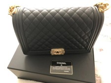 CHANEL Medium Boy Bag Black Quilted Caviar Leather Gold Hardware Full Set