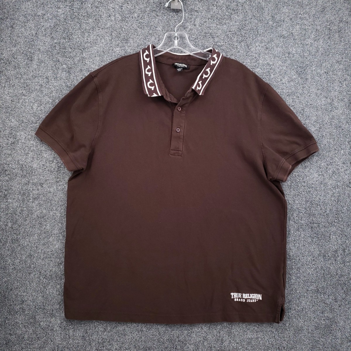 True Religion Horseshoe Logo Polo Shirt Mens 2XL Brown Pique Short