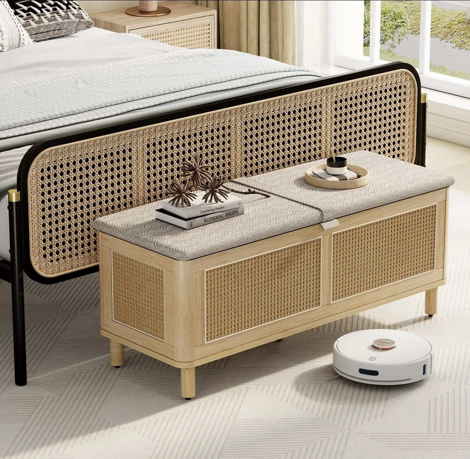 Storage Bench, Boho Style Bedroom Ottoman Bench With Safety Hinges, Shoe Bench - Image 2 of 4
