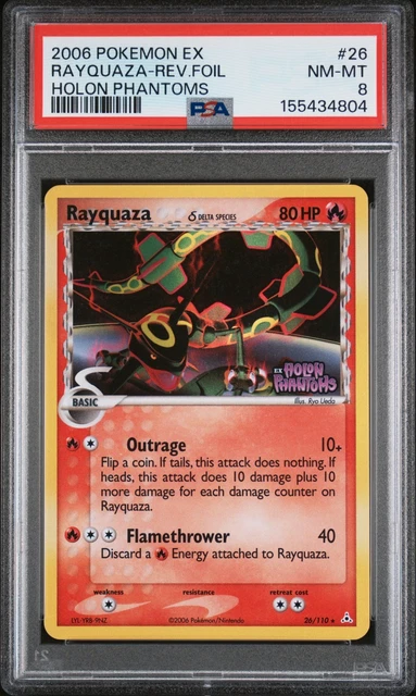 Rayquaza EX Delta Species Pokemon Holon Phantoms Reverse Holo Foil 26/110 PSA 8