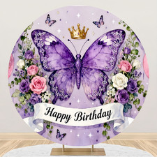 Round Purple Butterfly Happy Birthday Backdrop Baby Shower Photo Background