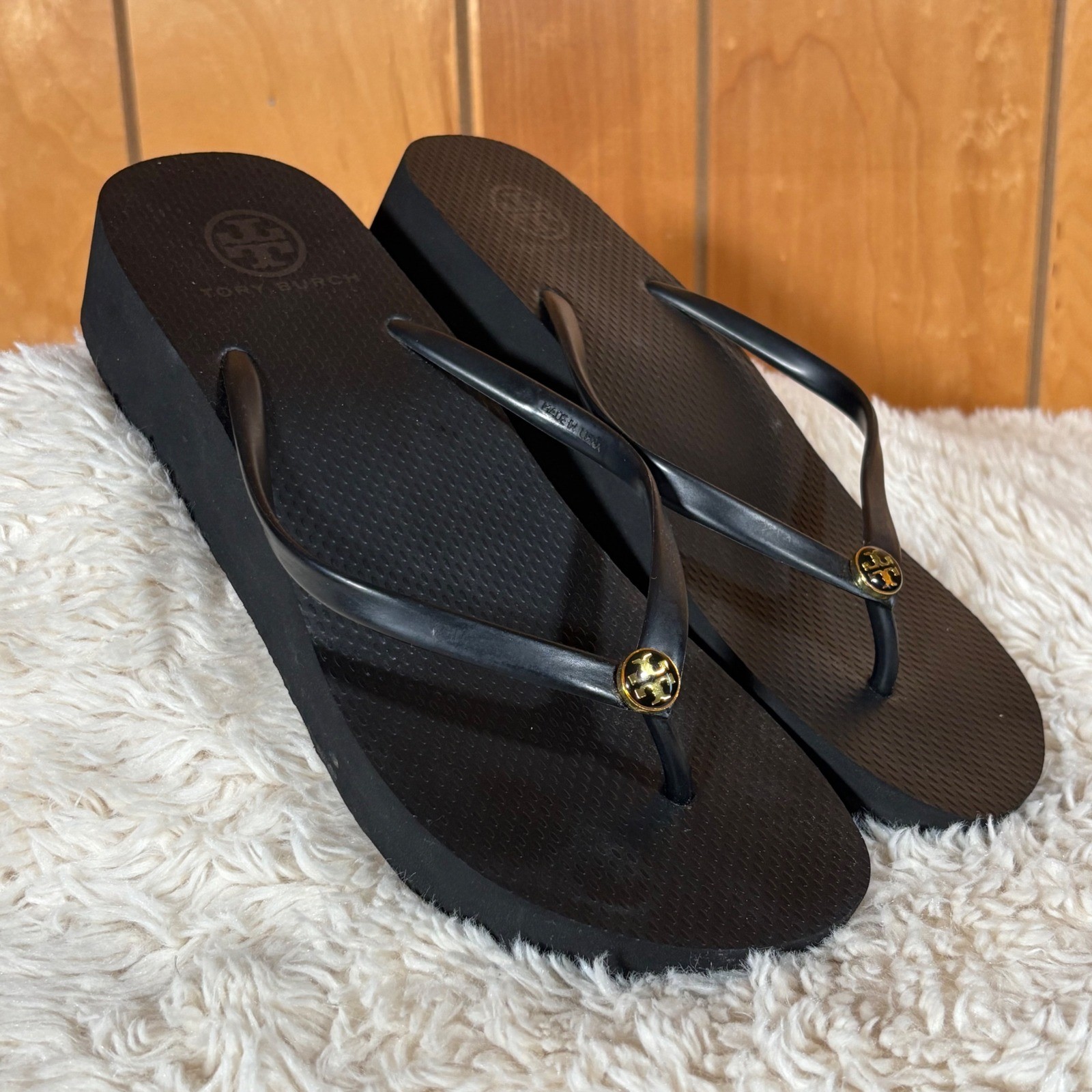 Tory Burch Black Wedge Flip Flop Sandals Women's Size Medium 9.5