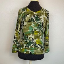 NWOT Garnet Hill 100 Merino Wool Button Cardigan Green Forrest Abstract Light M