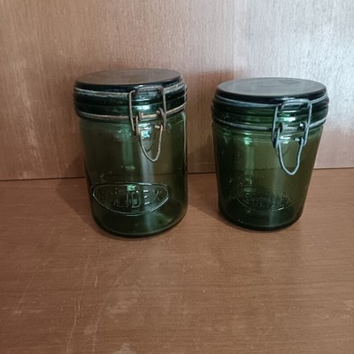 Vorratsdose aus grün getöntem Glas Solidex 1 Liter und 750 ml, Vintage Dose