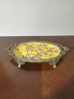 Old Chinese Porcelain & Brass Bronze Yellow Floral Soap Or Trinket Dish 8" VTG