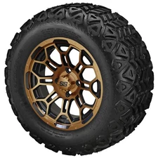 (4) Golf Cart 22x11-12 Black Trail A/T Tire on 12x7 Black/Bronze Hercules Wheels