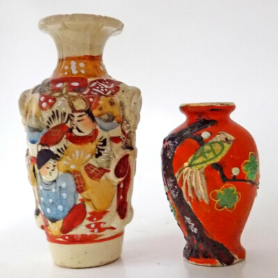 2 Small Satsuma Japanese Vases Scholar Applied Rope Ring Tassel & Bird in Tree