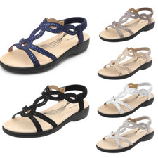 Women Rhinestone Flat Sandals Elastic Strap Open Toe Slip On Beach Sandals