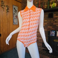 Vtg 70s Mod Go Go Terry Bodysuit Novelty Loch Ness Print Hot Pants Playsuit S/M