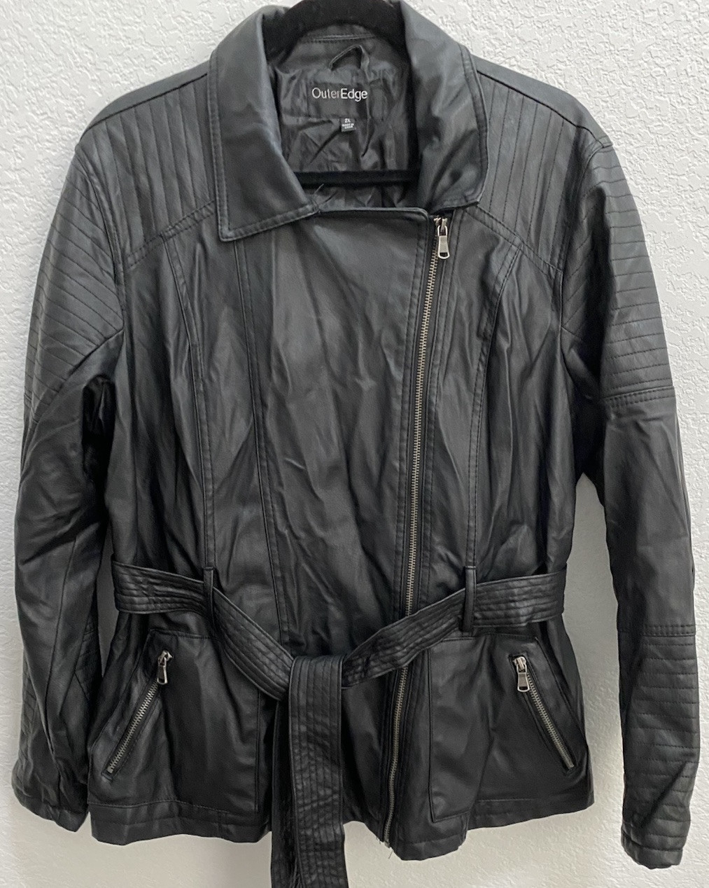 Outer Edge Black Faux Leather Jacket Women's Size 2X Belted Moto Zip