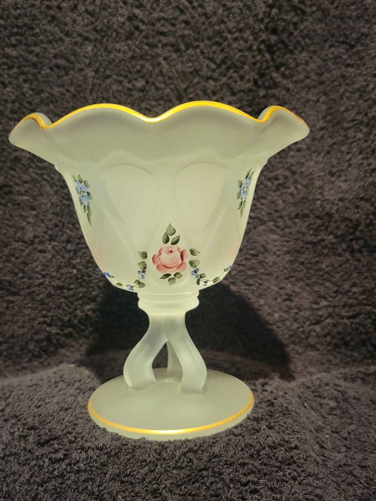 Westmoreland White Frosted Glass Pedestal Candy Dish Hand Painted Flowers