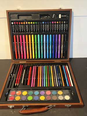 DM Creations Portable Art Set Markers Pastels Colored Pencils 88 Pc Used In Case