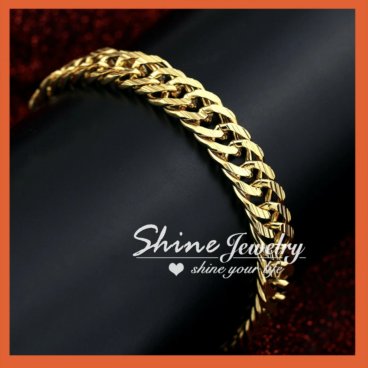 24K GOLD FILLED CUBAN DOUBLE CURB RINGS CHAIN MENS SOLID ITALIAN BRACELET BANGLE
