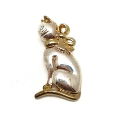 Vtg MJ Cat Brooch Pendant Silver Plated w/ Goldtone Highlights 
