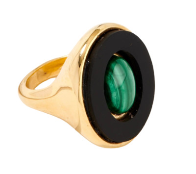 New Gem Gossip Double Oval Gemstone Ring 10K Yellow Gold Malachite Onyx Size 5