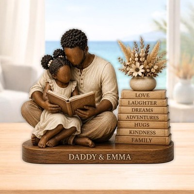 African American Father Daughter Reading Wooden Block Personalized Gifts Father'