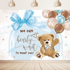 We Can Bearly Wait Backdrop Blue Bow Baby 7Wx5H Medium , H-Brown Bear