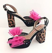 NEW Betsey Johnson Palloma Platform Sandal Bead Leopard Heel Pink Tulle Bow Sz 6
