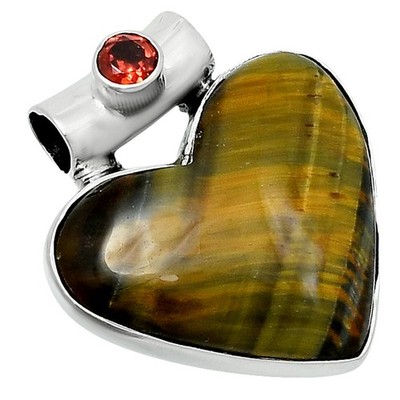 Premium Heart Tiger Eye & Garnet 925 Sterling Silver Pendant Jewelry P-1300