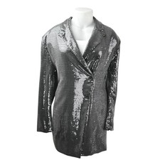 PrettyLittleThing Silver Metallic Sequin Long Sleeve Tuxedo Blazer Mini Dress 16